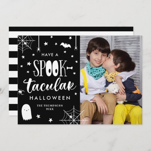 Niedliches Schwarz-weißes Halloween-Foto Einladung (Vorne/Hinten)