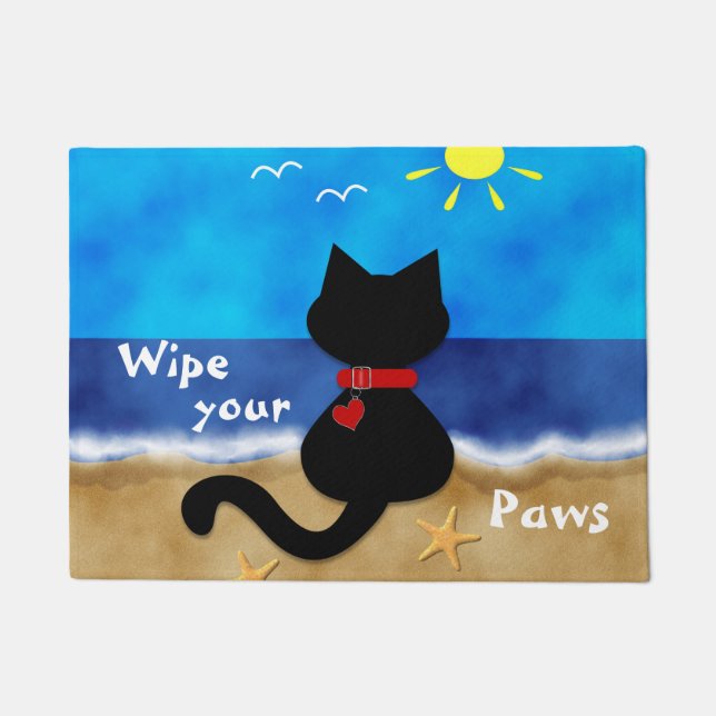 Niedliches schwarze Katzen-Strand-Thema-Abwischen Fußmatte (Vorderseite)
