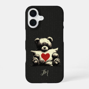 Niedliches Schwarzer Teddybär-Hug-Kissen-Herz-Mono iPhone 16 Hülle