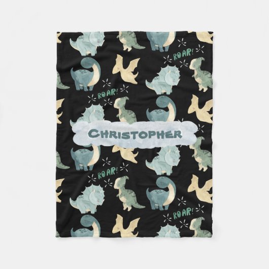 Niedliches Schwarzes Dinosaurier-Muster Fleecedecke (Vorderseite)