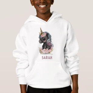 Niedliches Schwarzes Einhorn mit Blume Wasserfarbe Hoodie