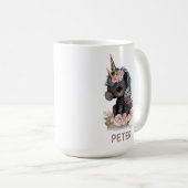 Niedliches Schwarzes Einhorn mit Blume Wasserfarbe Kaffeetasse (VorderseiteRechts)