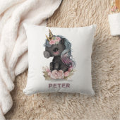Niedliches Schwarzes Einhorn mit Blume Wasserfarbe Kissen (Decke)