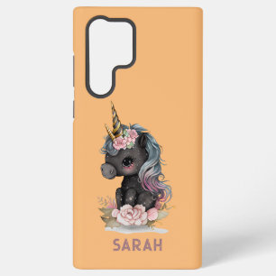 Niedliches Schwarzes Einhorn mit Blume Wasserfarbe Samsung Galaxy Hülle