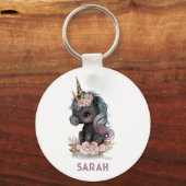 Niedliches Schwarzes Einhorn mit Blume Wasserfarbe Schlüsselanhänger (Rückseite)