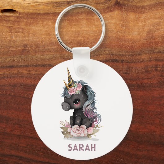 Niedliches Schwarzes Einhorn mit Blume Wasserfarbe Schlüsselanhänger (Rückseite)