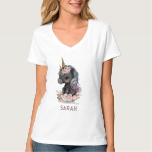 Niedliches Schwarzes Einhorn mit Blume Wasserfarbe T-Shirt