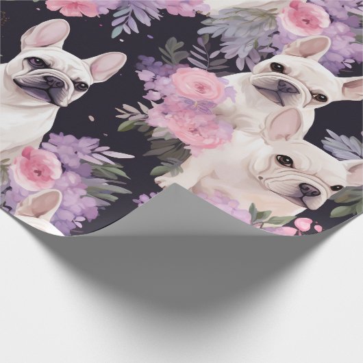 Niedliches Schwarzes Französisches Bulldog-Blumenp Geschenkpapier (Ecke)