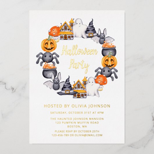 Niedliches Schwarzes Glück Halloween Illustration Folieneinladung (Vorderseite)