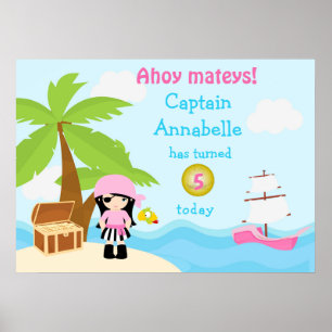 Niedliches Schwarzes Haar Pirate Girl Pink Geburts Poster