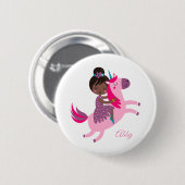 Niedliches Schwarzes Haar Reiten auf einem Einhorn Button (Vorne & Hinten)