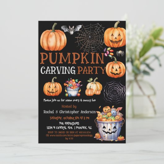 Niedliches Schwarzes Halloween Pumpkin Carving Par Einladung (Stehend Vorderseite)
