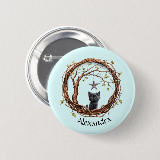 Niedliches Schwarzes Kätzchen beim Stern Button (Vorne & Hinten)