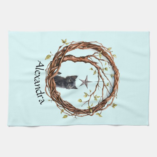 Niedliches Schwarzes Kätzchen beim Stern Geschirrtuch (Horizontal)