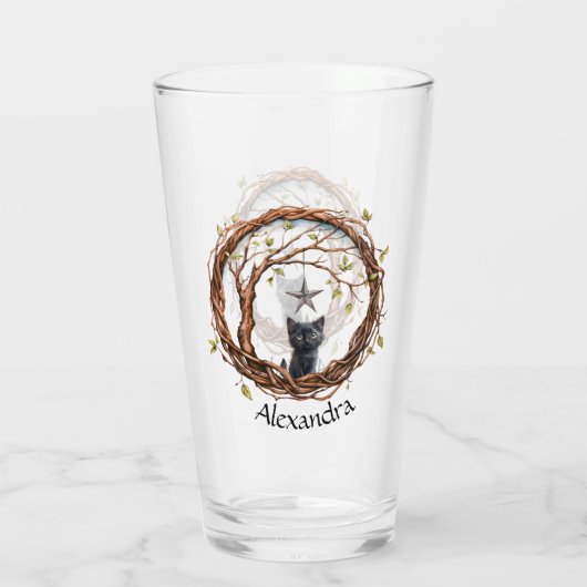 Niedliches Schwarzes Kätzchen beim Stern Glas (Rückseite)