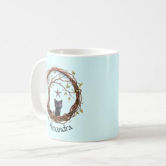 Niedliches Schwarzes Kätzchen beim Stern Kaffeetasse (Vorderseite Links)