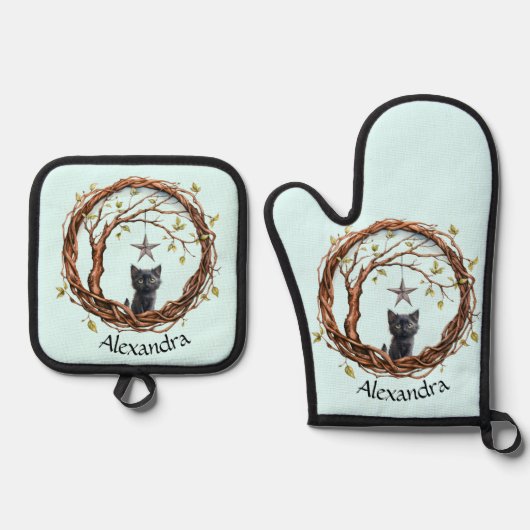 Niedliches Schwarzes Kätzchen beim Stern Ofenhandschuh & Topflappen-Set (Vorderseite)