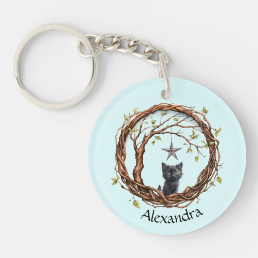 Niedliches Schwarzes Kätzchen beim Stern Schlüsselanhänger (Vorderseite)