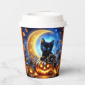 Niedliches schwarzes Kätzchen, Jack-o-Laterne und Pappbecher (Rückseite)