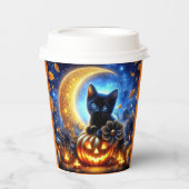 Niedliches schwarzes Kätzchen, Jack-o-Laterne und Pappbecher (Vorderseite)