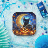 Niedliches schwarzes Kätzchen, Jack-o-Laterne und Pappteller (Party)