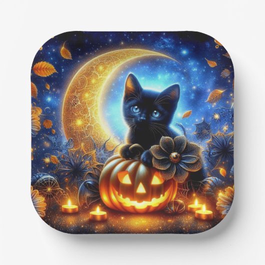Niedliches schwarzes Kätzchen, Jack-o-Laterne und Pappteller (Vorderseite)