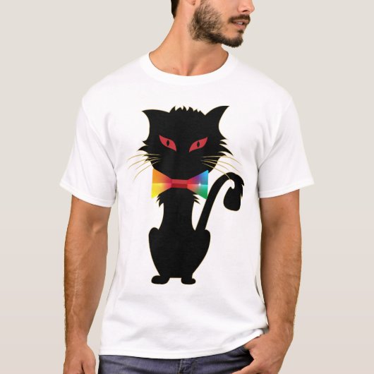Niedliches Schwarzes Katzen Rote Augen Rainbow Col T-Shirt (Vorderseite)