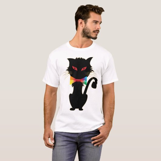 Niedliches Schwarzes Katzen Rote Augen Rainbow Col T-Shirt (Vorne ganz)