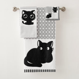 Niedliches schwarzes Katzenmuster Badhandtuch Set