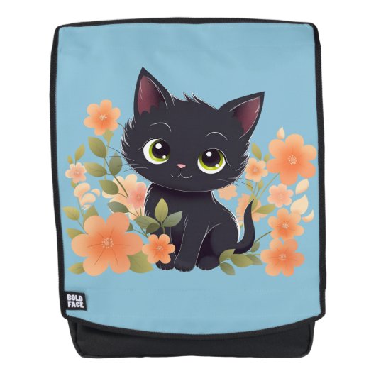 Niedliches Schwarzes Kitten mit Blume Rucksack (Vorderseite)