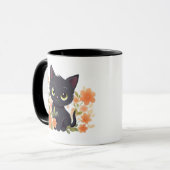 Niedliches Schwarzes Kitten mit Blume Tasse (Vorderseite Links)
