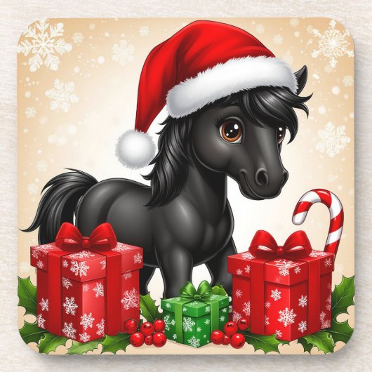 Niedliches Schwarzes Pony mit Weihnachtsmannmütze Getränkeuntersetzer (Vorderseite)
