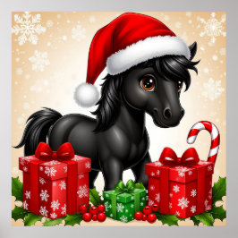 Niedliches Schwarzes Pony mit Weihnachtsmannmütze Poster