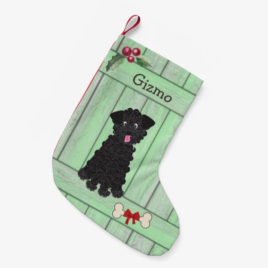 Niedliches Schwarzes Teacup Poodle Green Fence Mon Kleiner Weihnachtsstrumpf (Vorderansicht (hängend))