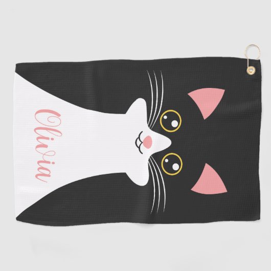 Niedliches Schwarzkatzenportrait Mitte des Jahrhun Golfhandtuch (Horizontal)