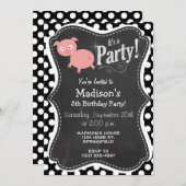 Niedliches Schwein auf schwarzen und weißen Polka- Einladung (Vorne/Hinten)