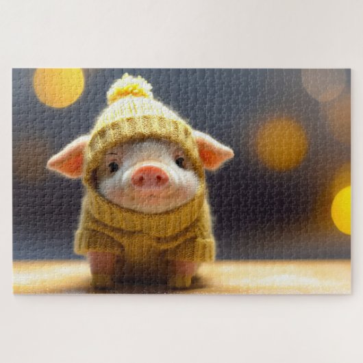 niedliches Schwein im Anzug aus Gewirken im Winter Puzzle (Horizontal)