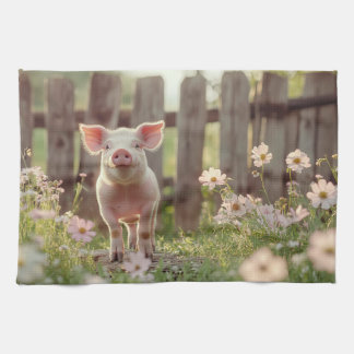 Niedliches Schwein im Blumengarten Geschirrtuch