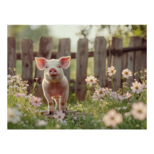 Niedliches Schwein im Blumengarten Poster