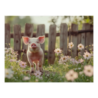 Niedliches Schwein im Blumengarten Poster