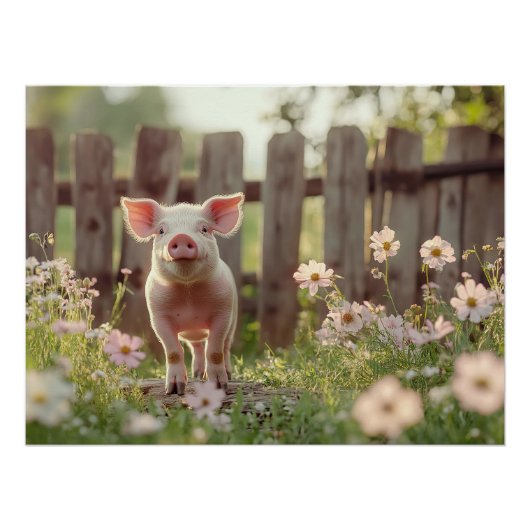 Niedliches Schwein im Blumengarten Poster (Vorderseite)