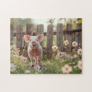 Niedliches Schwein im Blumengarten Puzzle