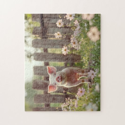 Niedliches Schwein im Blumengarten Puzzle (Vertikal)