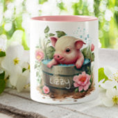 Niedliches Schwein in einem Eimer Rosa Blume Perso Zweifarbige Tasse