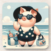 Niedliches Schwein in Polka Dot Swimsuit am Strand Getränkeuntersetzer (Vorderseite)