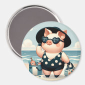 Niedliches Schwein in Polka Dot Swimsuit am Strand Magnet (Vorderseite/Rückseite)