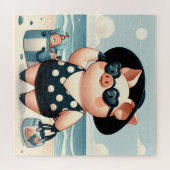 Niedliches Schwein in Polka Dot Swimsuit am Strand Puzzle (Horizontal)