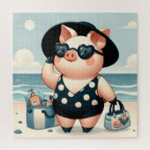 Niedliches Schwein in Polka Dot Swimsuit am Strand Puzzle (Vertikal)
