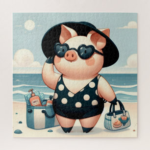Niedliches Schwein in Polka Dot Swimsuit am Strand Puzzle