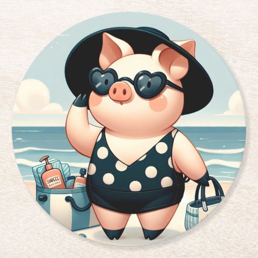 Niedliches Schwein in Polka Dot Swimsuit am Strand Runder Pappuntersetzer (Vorderseite)